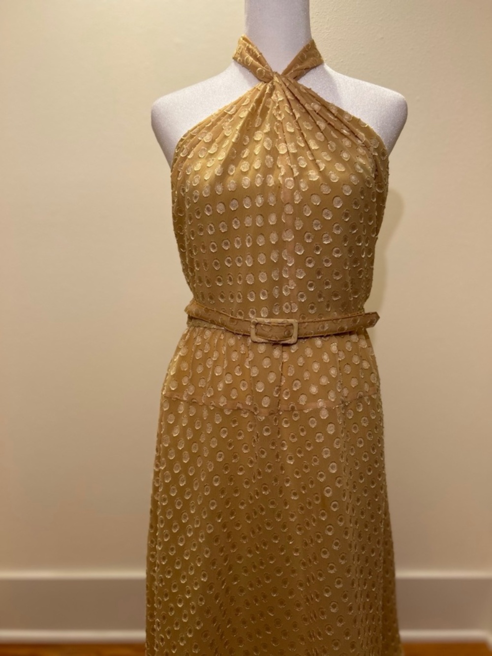 Adrianna Papell Halter Dress Goldenrod Circle Pattern Belted Cocktail Dress